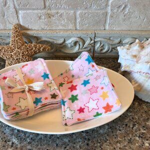 Handmade Set of 7 Soft Reusable Face Wipes, Flannel & Terry Fabric Star Print